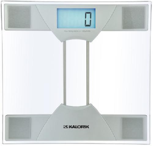 Kalorik EBS 33086 Digital Glass Bathroom Scale; 8mm safety glass; Maximum capacity: 180kg/395lb; Easy-to-read display with large digits; Blue backlight LCD display; Auto on and auto shut-off; Saves up to 80 measurements; Switch for kilogram, pound; Low battery indicator; Works on 2 x AAA 1.5V batteries (not included); Dimensions: 12.25 x 11.33 x 1.5; UPC 877340001857 (EBS33086 EBS 33086)